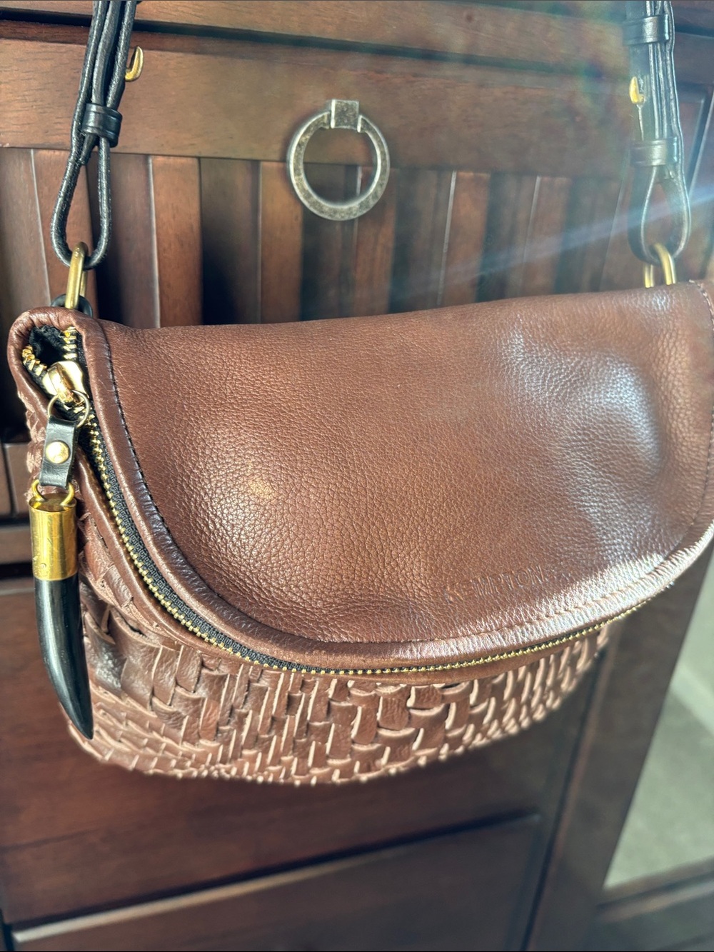 Kempton Woven Leather Saddle crossbody or shoulder Bag - Brown - Picture 3 of 7